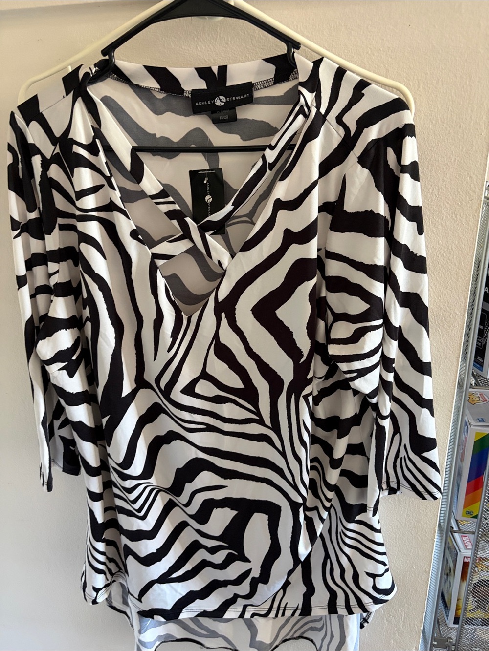 Ashley Stewart Black & White Zebra Print V-Neck Top